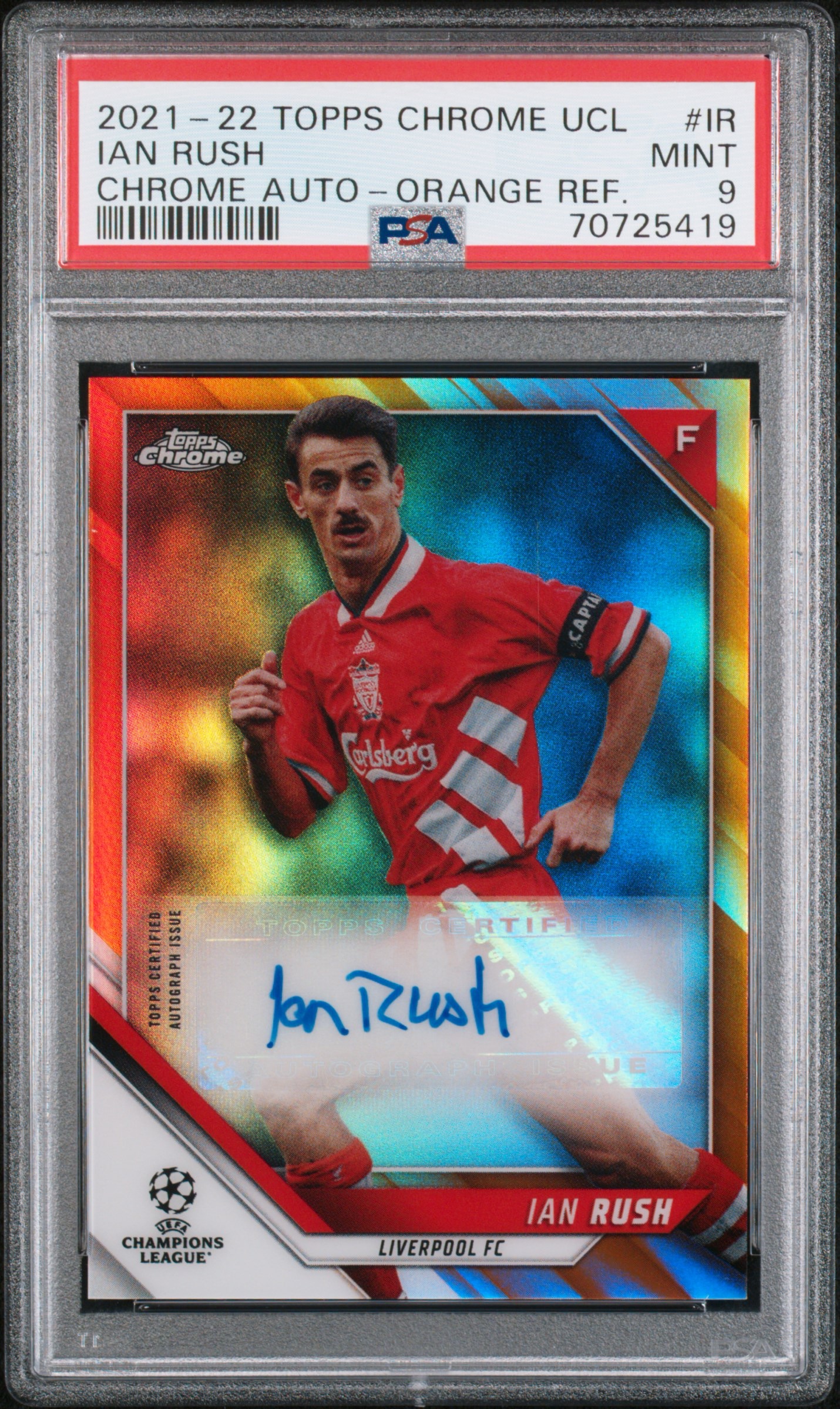 2021 TOPPS CHROME UEFA CHAMPIONS LEAGUE CHROME AUTOGRAPHS #IR IAN RUSH CHROME AUTO-ORANGE REF PSA 9