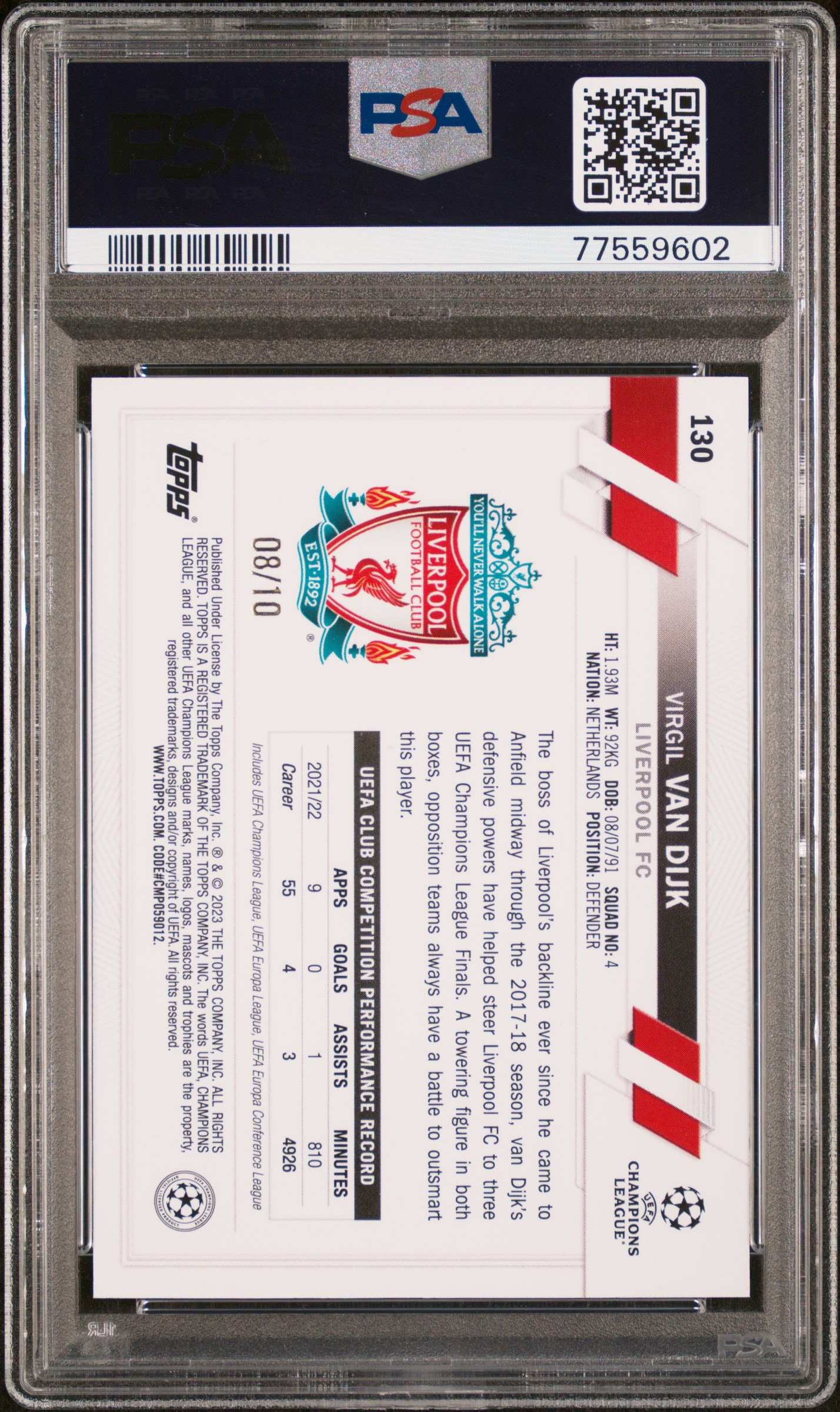2022 TOPPS UEFA CLUB COMPETITIONS 1ST EDITION #130 VIRGIL VAN DIJK BLACK PSA 9 - Image 2